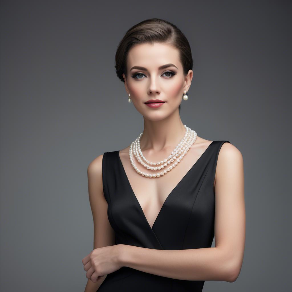 A stunning image of elegant woman in a sleek black dress with pearls.