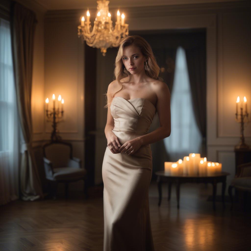 A stunning image of elegant woman in a strapless dress in a candlelit room.