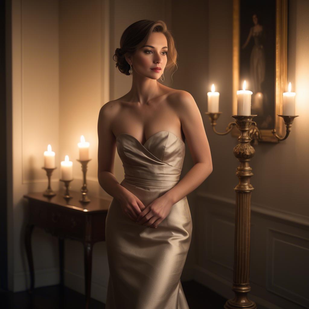 A stunning image of elegant woman in a strapless dress in a candlelit room.