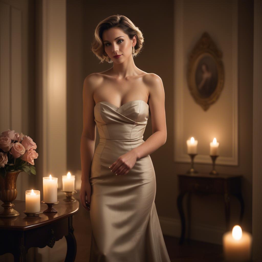 A stunning image of elegant woman in a strapless dress in a candlelit room.