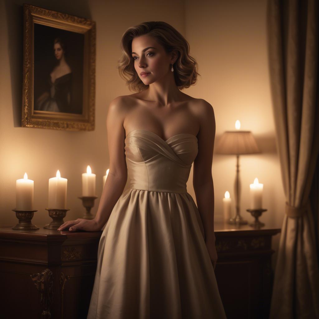 A stunning image of elegant woman in a strapless dress in a candlelit room.
