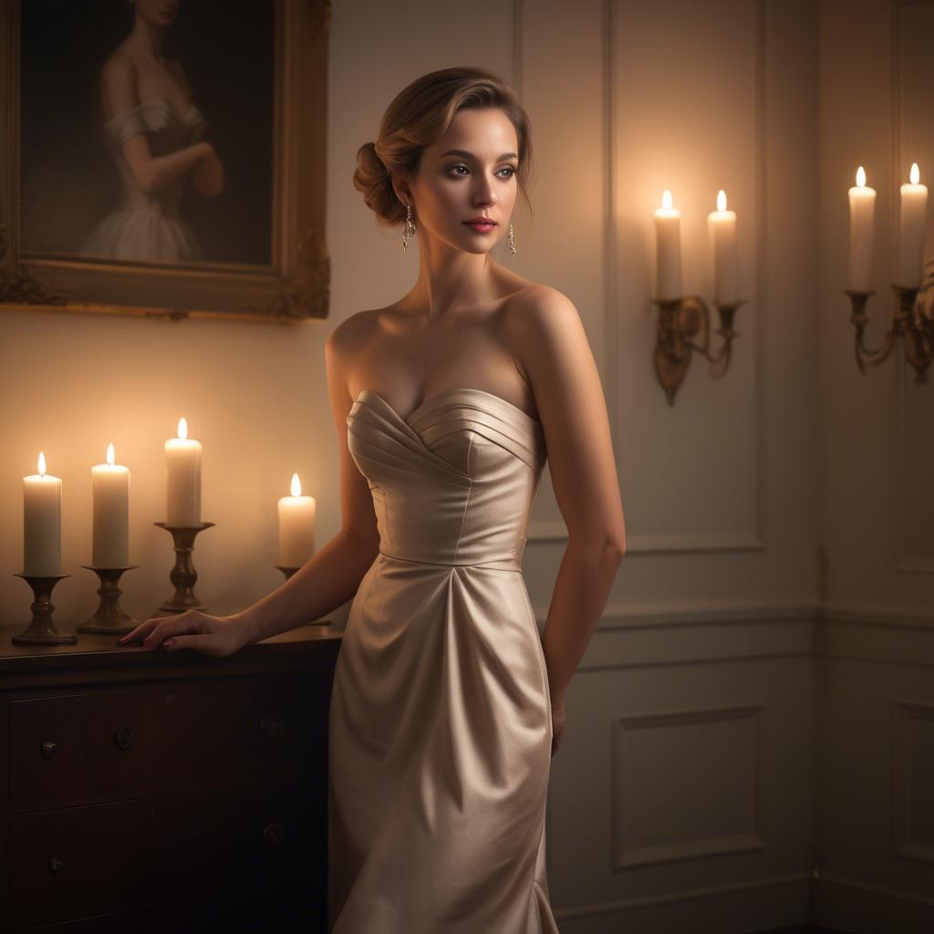 A stunning image of elegant woman in a strapless dress in a candlelit room.