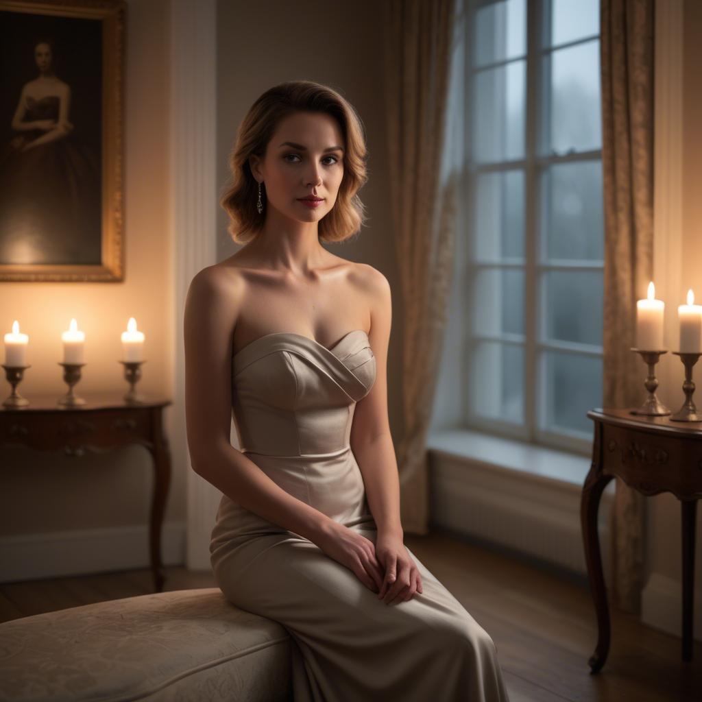 A stunning image of elegant woman in a strapless dress in a candlelit room.