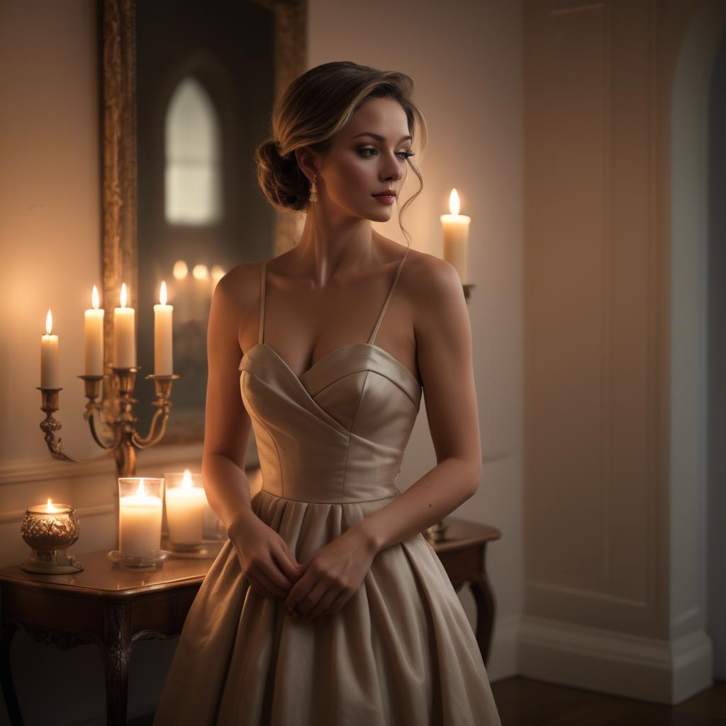 A stunning image of elegant woman in a strapless dress in a candlelit room.