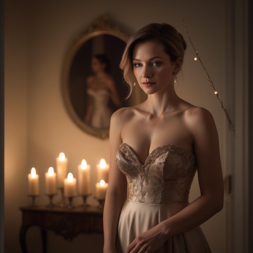 A stunning image of elegant woman in a strapless dress in a candlelit room.
