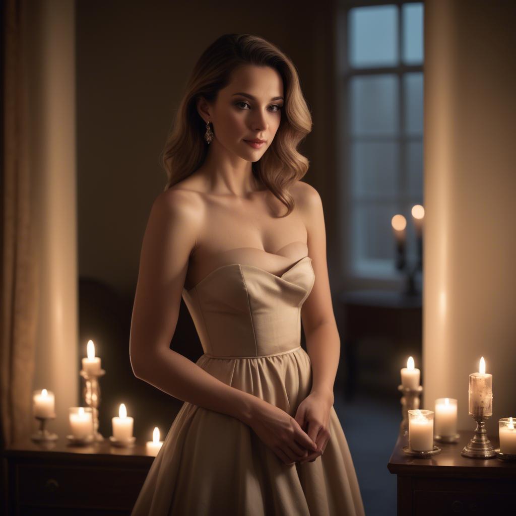 A stunning image of elegant woman in a strapless dress in a candlelit room.