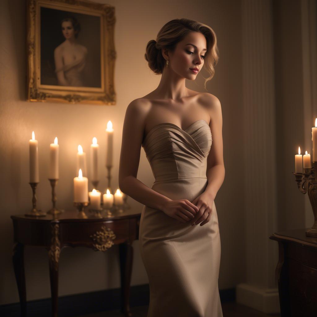 A stunning image of elegant woman in a strapless dress in a candlelit room.