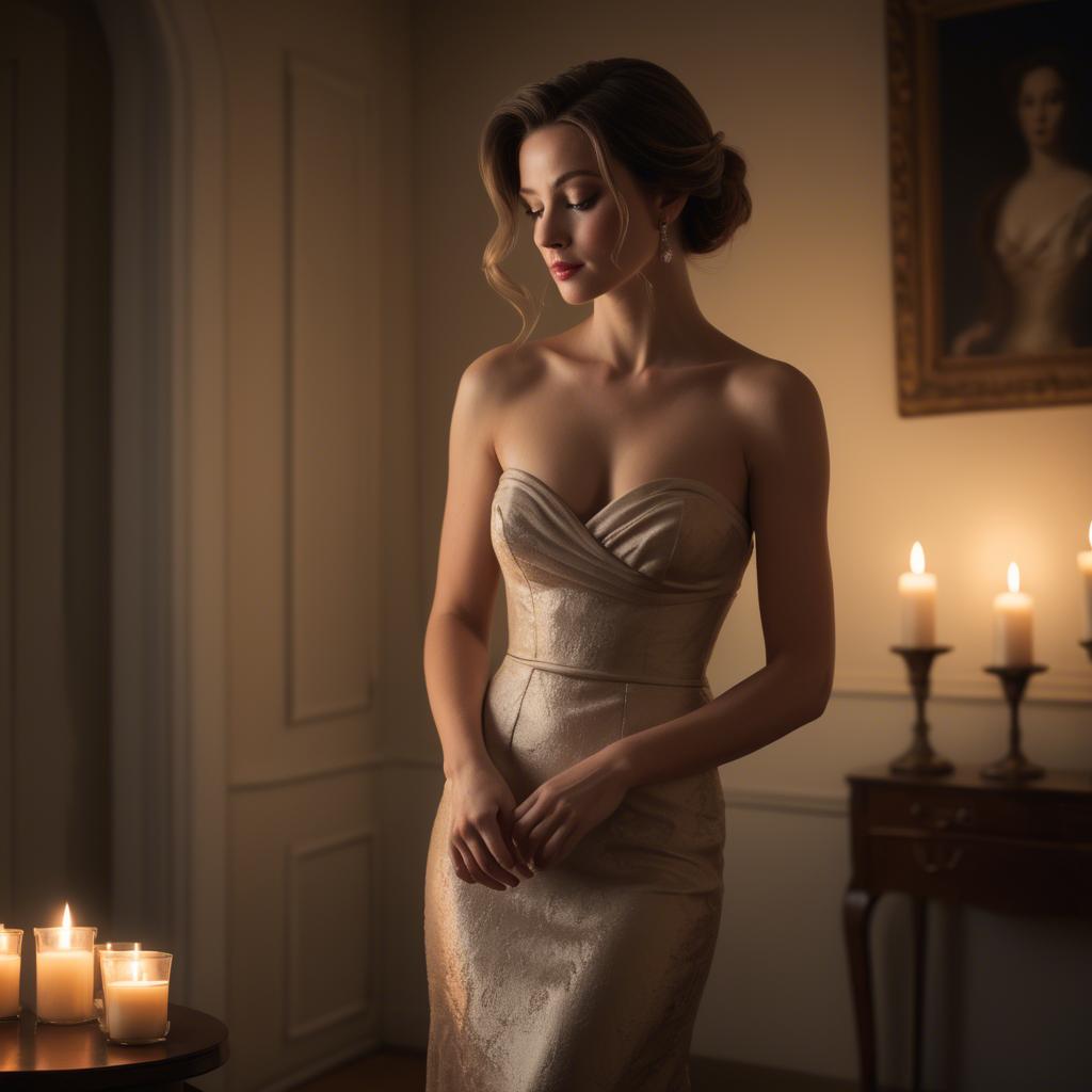 A stunning image of elegant woman in a strapless dress in a candlelit room.