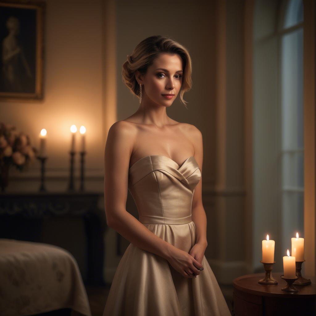 A stunning image of elegant woman in a strapless dress in a candlelit room.