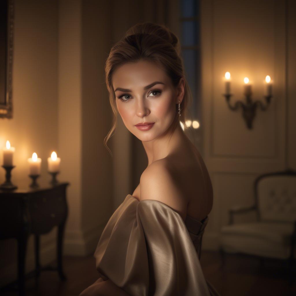 A stunning image of elegant woman in a strapless dress in a candlelit room.