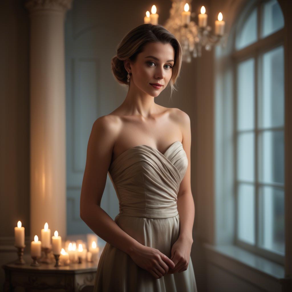 A stunning image of elegant woman in a strapless dress in a candlelit room.