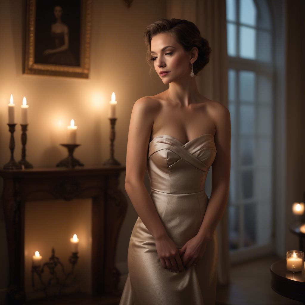 A stunning image of elegant woman in a strapless dress in a candlelit room.
