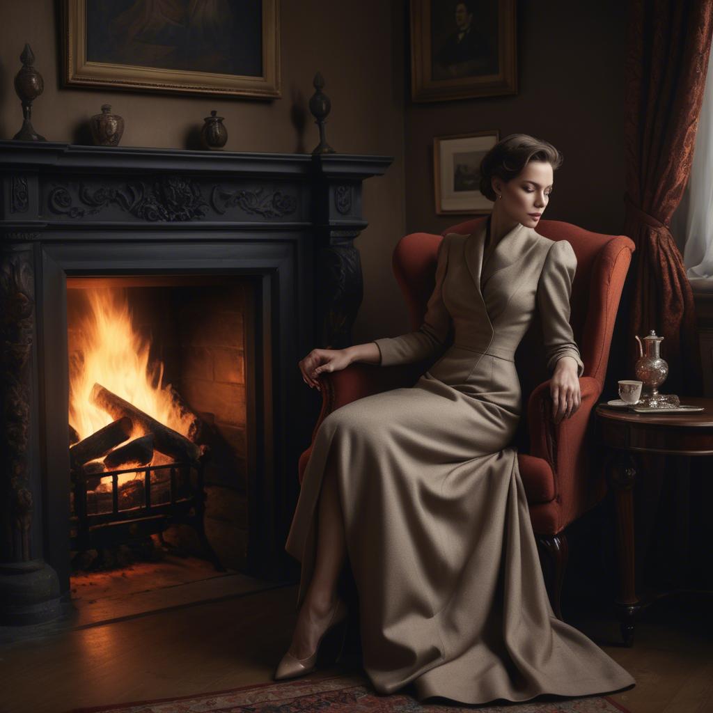 A stunning image of elegant woman in a tailored dress by a roaring fire.