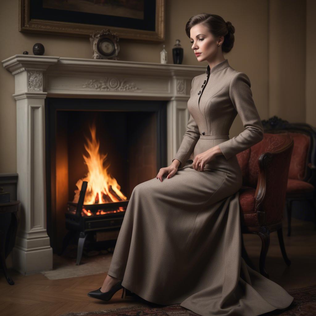 A stunning image of elegant woman in a tailored dress by a roaring fire.