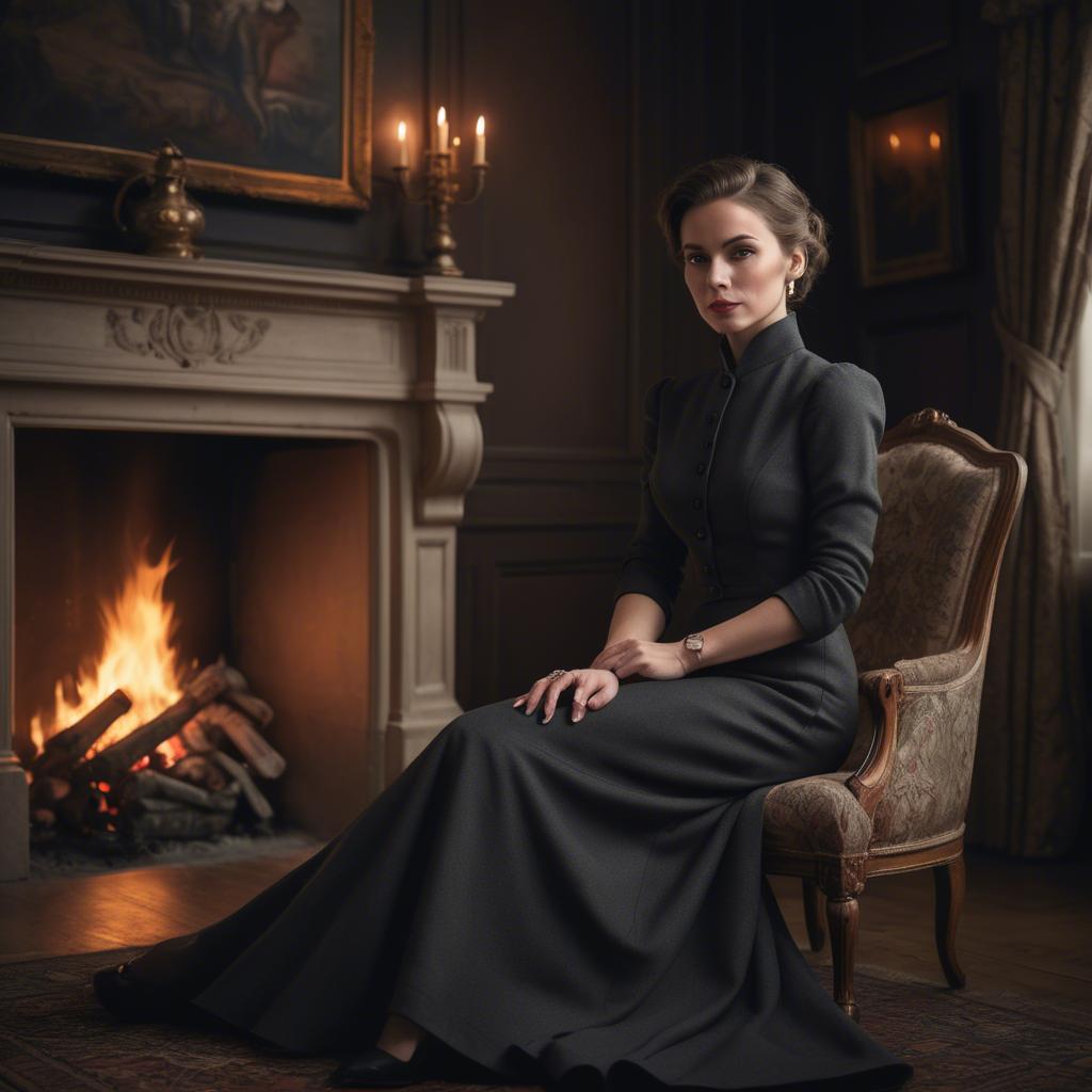 A stunning image of elegant woman in a tailored dress by a roaring fire.