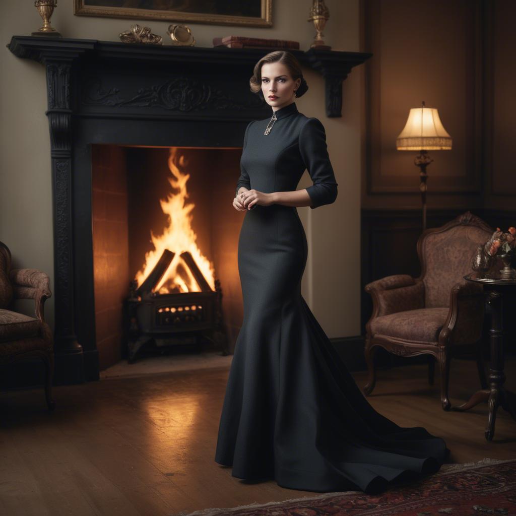 A stunning image of elegant woman in a tailored dress by a roaring fire.