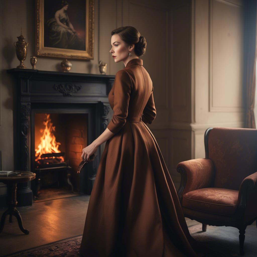 A stunning image of elegant woman in a tailored dress by a roaring fire.