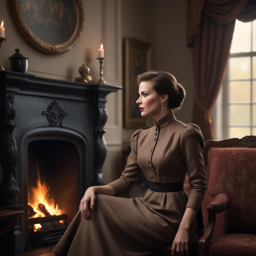 A stunning image of elegant woman in a tailored dress by a roaring fire.