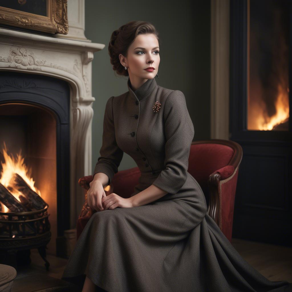 A stunning image of elegant woman in a tailored dress by a roaring fire.