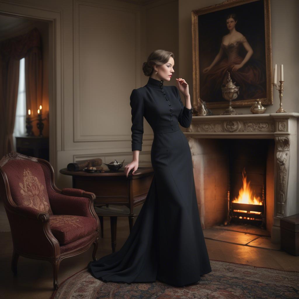 A stunning image of elegant woman in a tailored dress by a roaring fire.