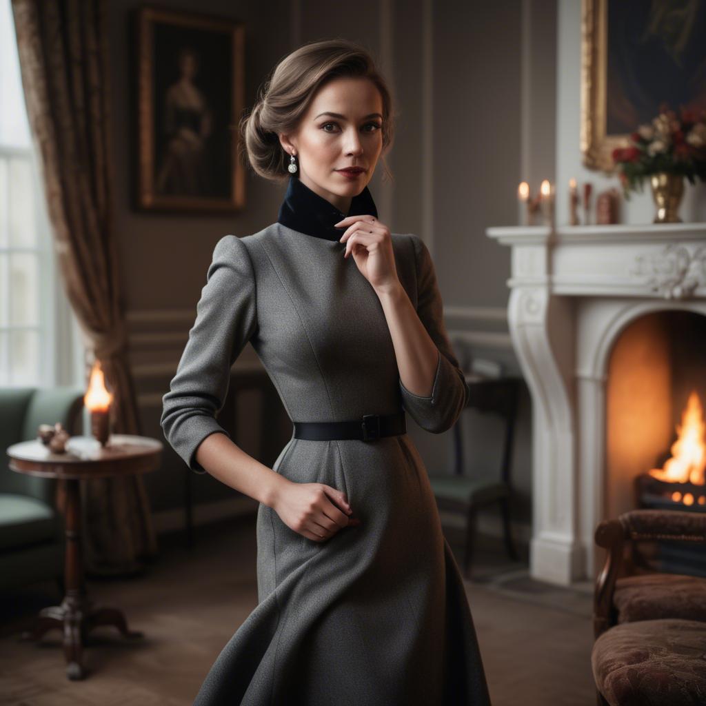 A stunning image of elegant woman in a tailored dress by a roaring fire.