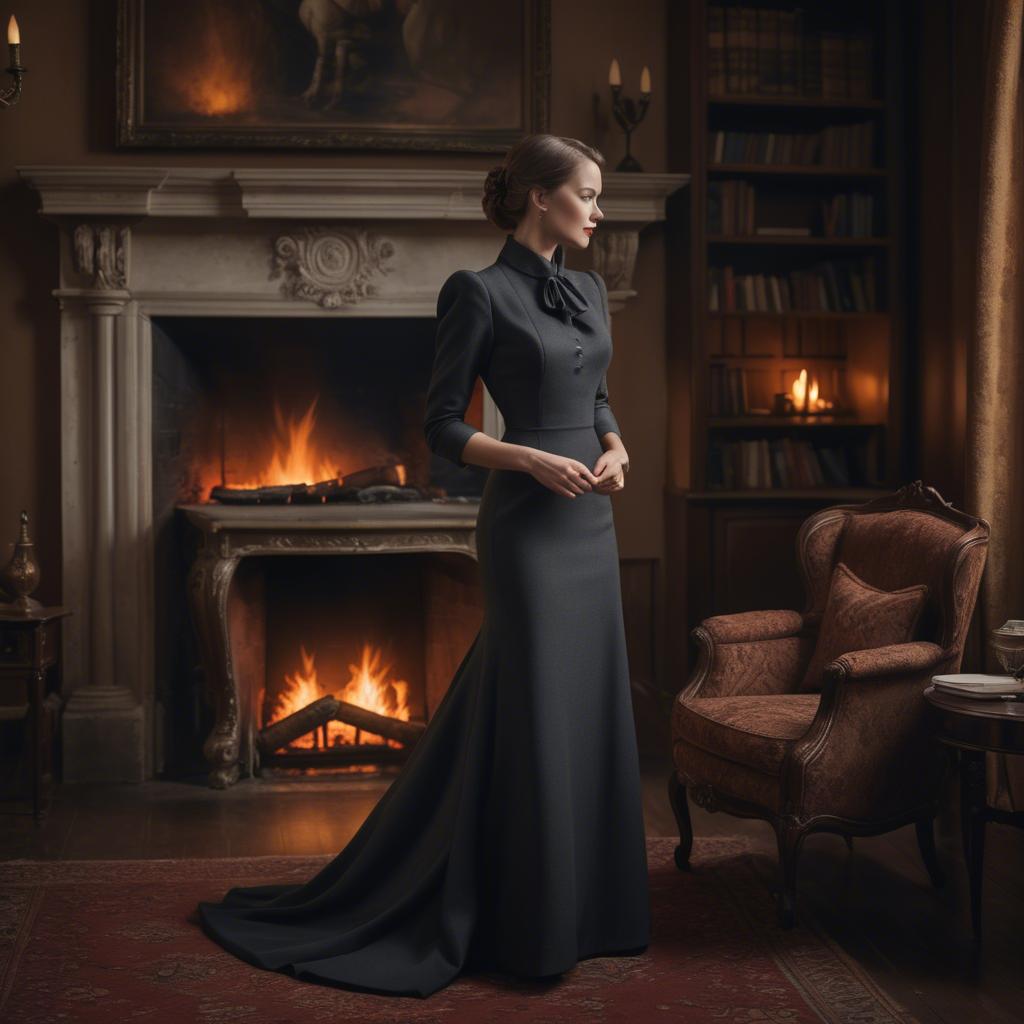 A stunning image of elegant woman in a tailored dress by a roaring fire.