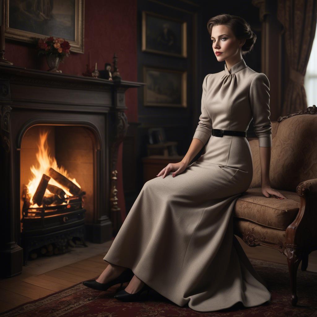 A stunning image of elegant woman in a tailored dress by a roaring fire.