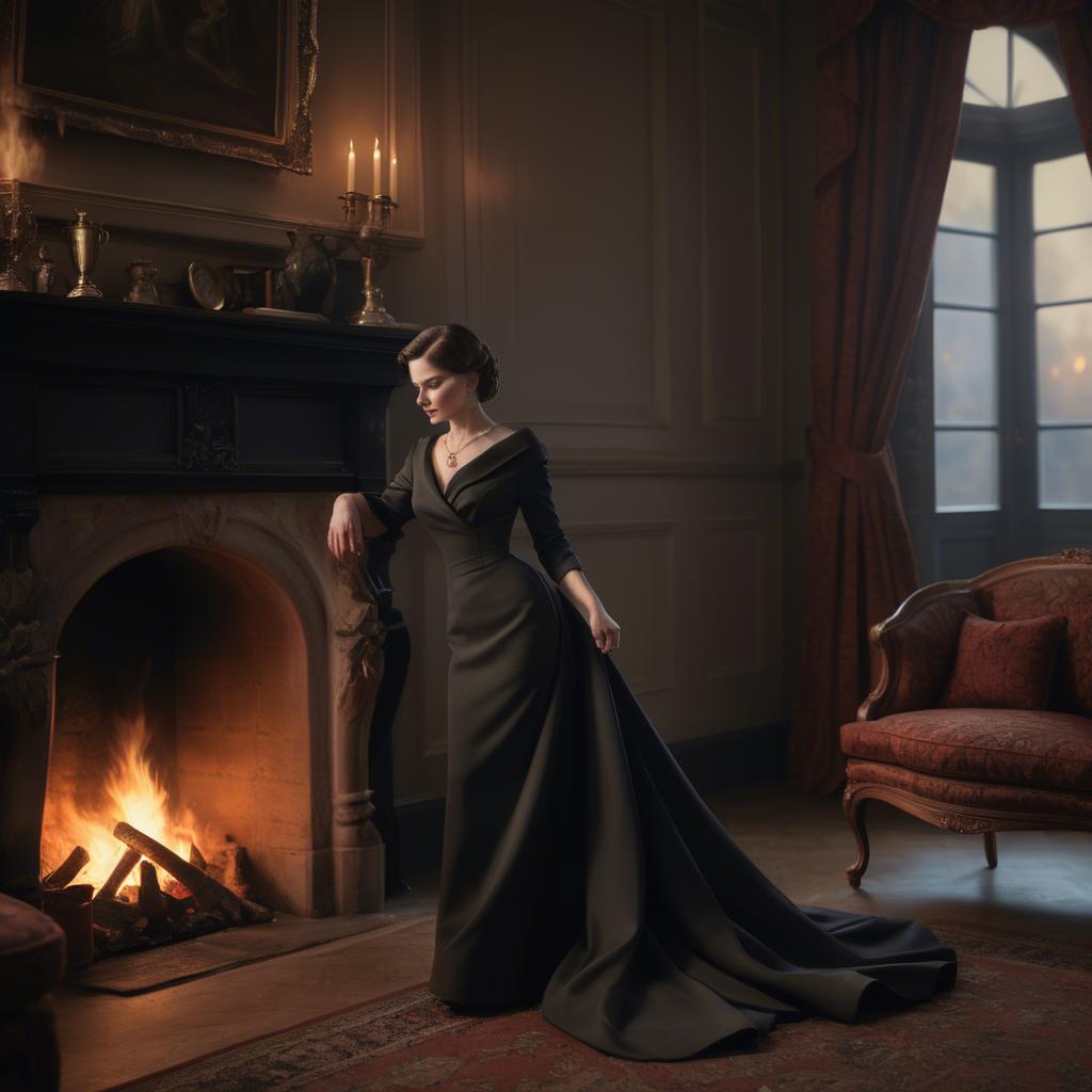 A stunning image of elegant woman in a tailored dress by a roaring fire.
