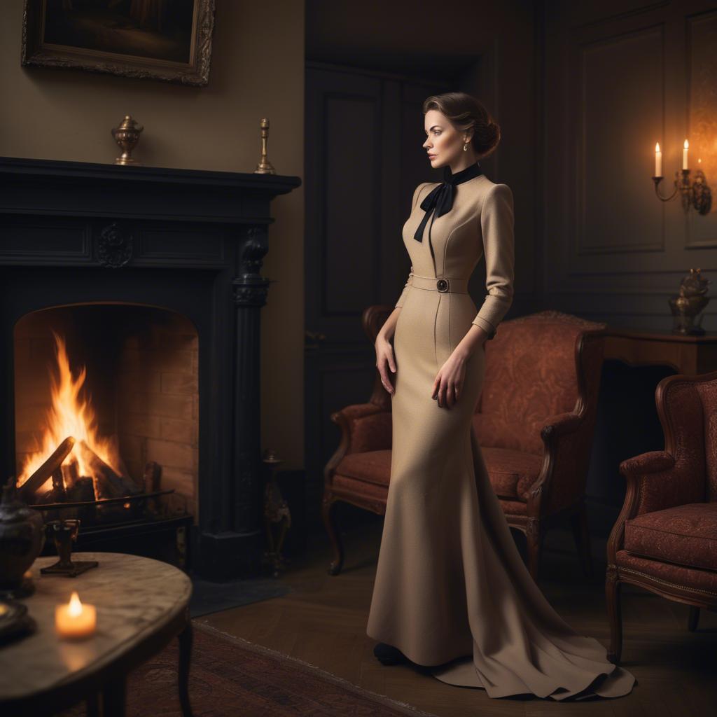 A stunning image of elegant woman in a tailored dress by a roaring fire.