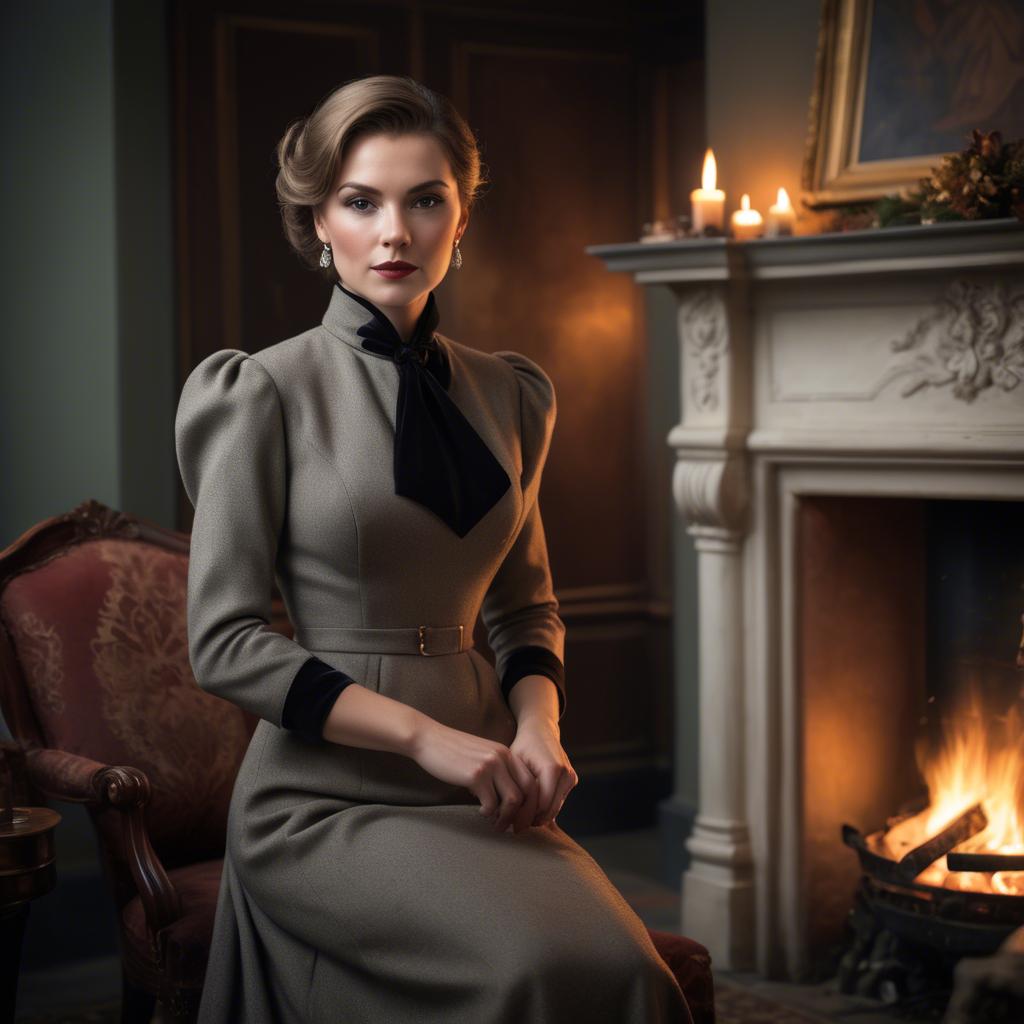 A stunning image of elegant woman in a tailored dress by a roaring fire.