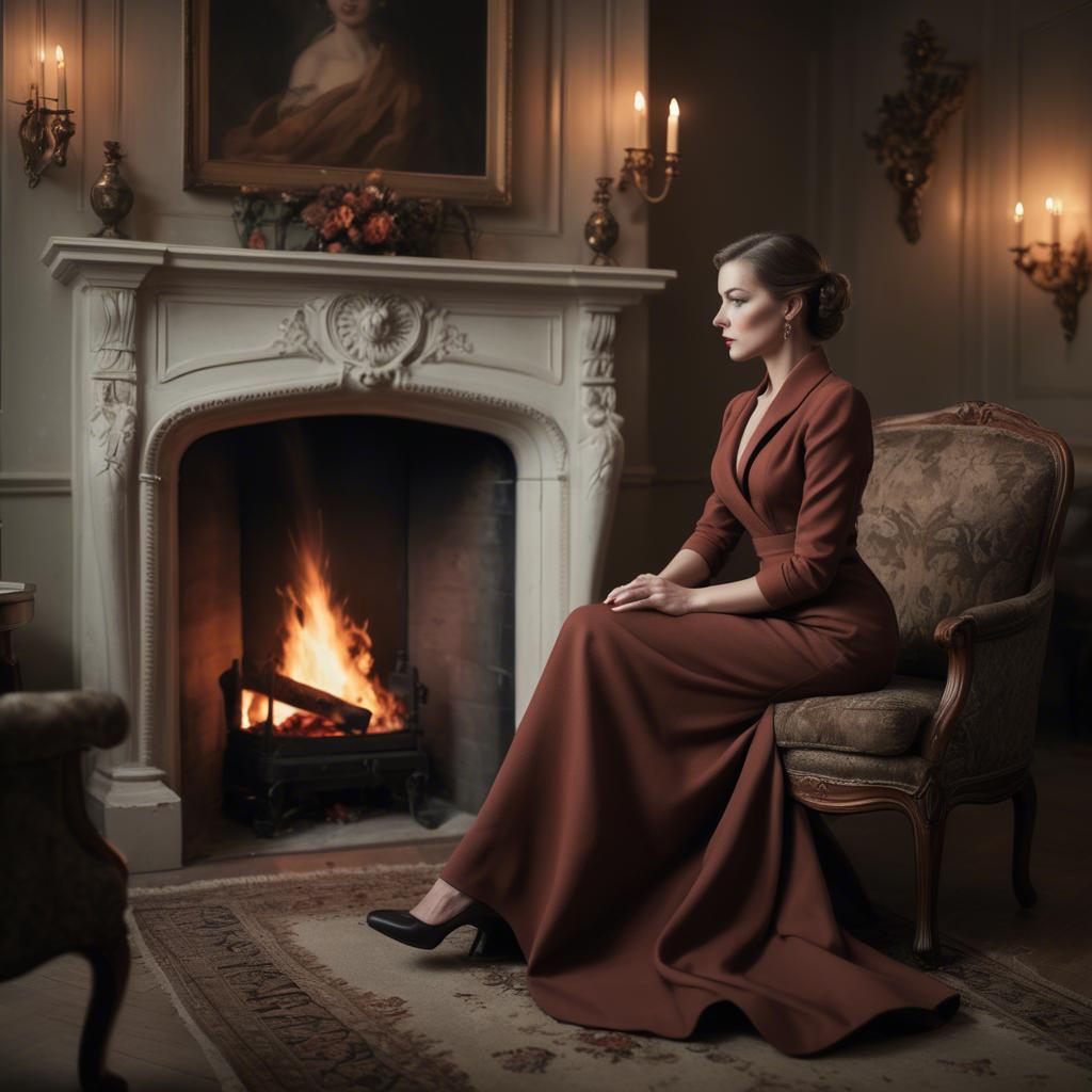 A stunning image of elegant woman in a tailored dress by a roaring fire.