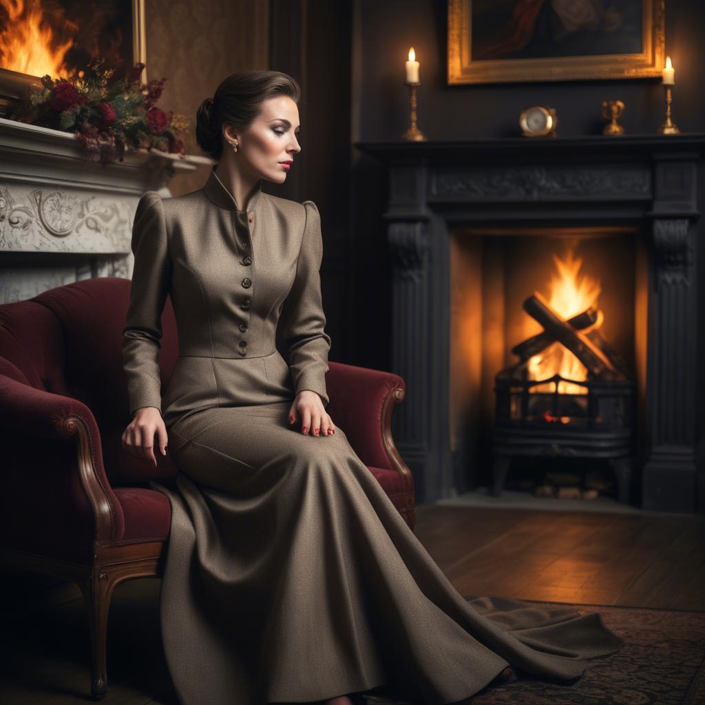 A stunning image of elegant woman in a tailored dress by a roaring fire.