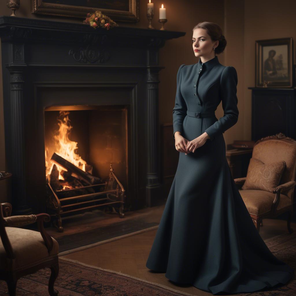 A stunning image of elegant woman in a tailored dress by a roaring fire.