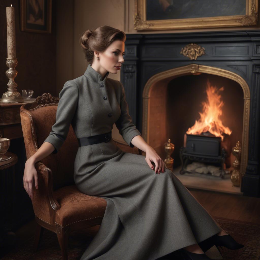 A stunning image of elegant woman in a tailored dress by a roaring fire.