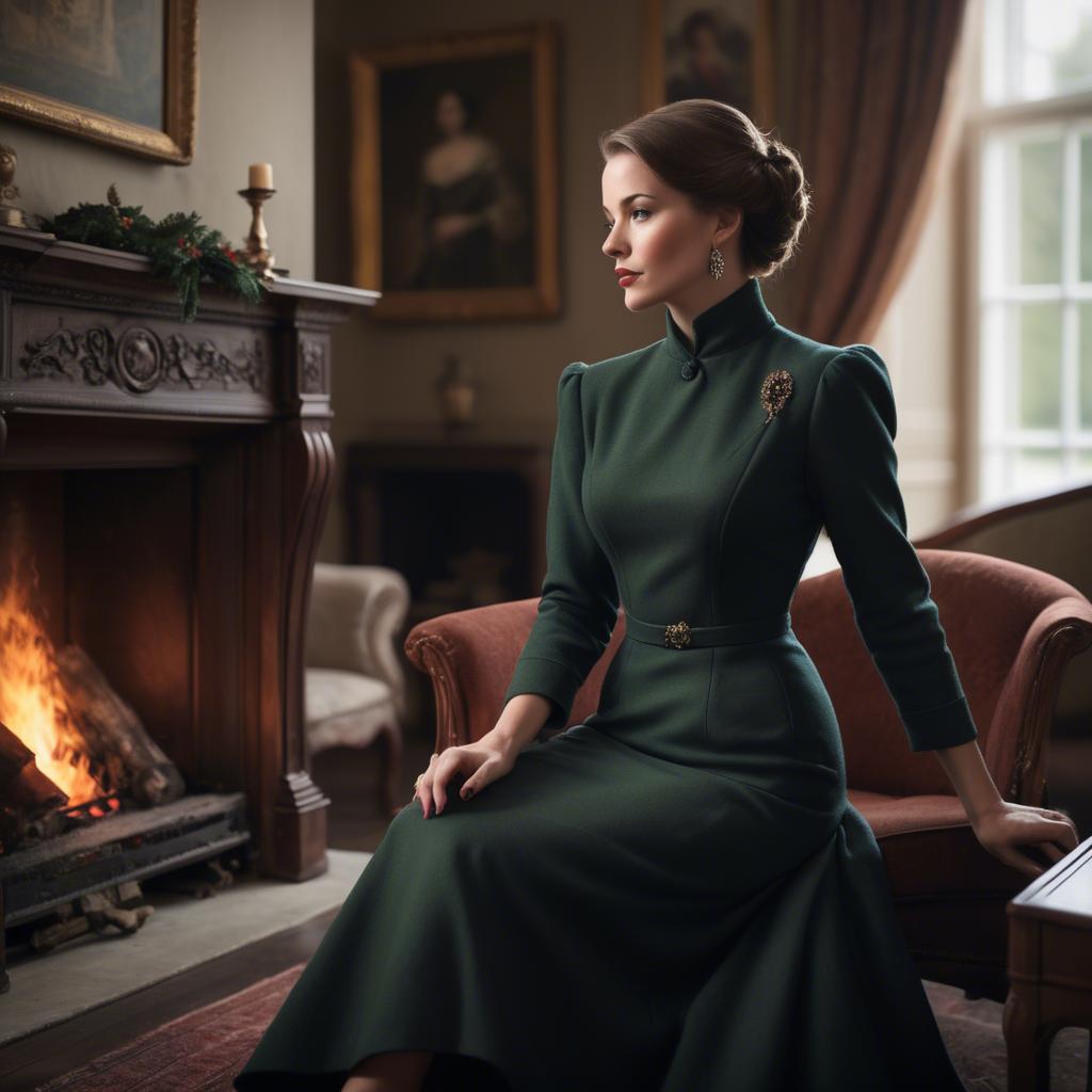 A stunning image of elegant woman in a tailored dress by a roaring fire.