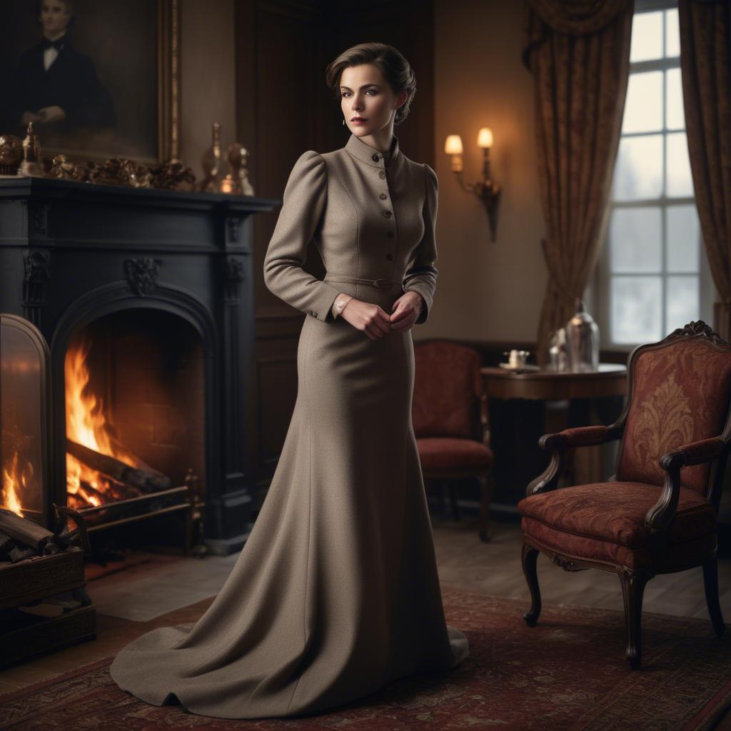 A stunning image of elegant woman in a tailored dress by a roaring fire.