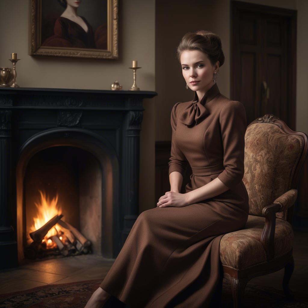 A stunning image of elegant woman in a tailored dress by a roaring fire.