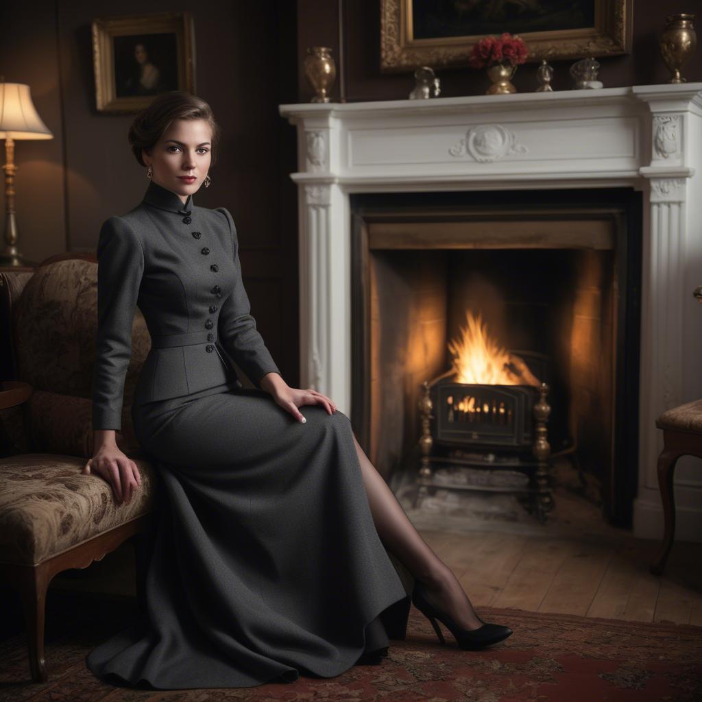 A stunning image of elegant woman in a tailored dress by a roaring fire.
