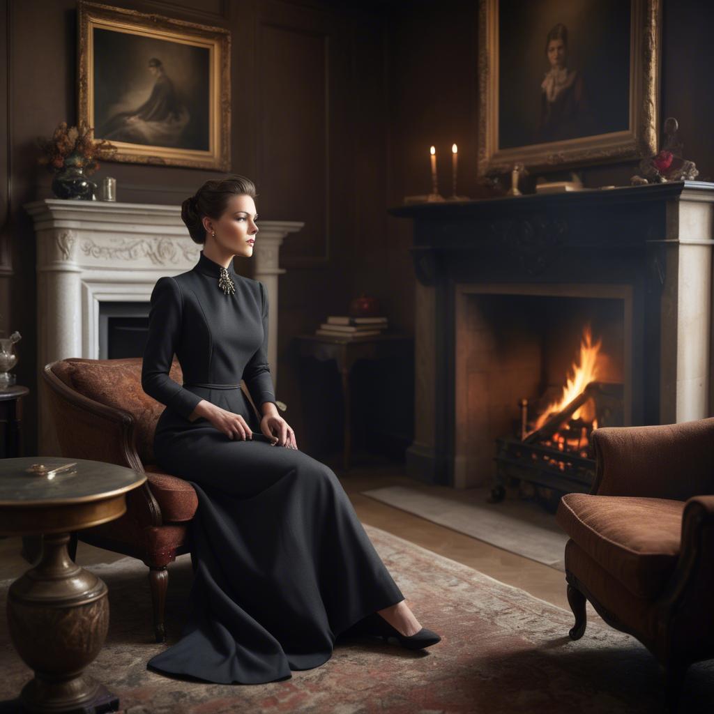 A stunning image of elegant woman in a tailored dress by a roaring fire.