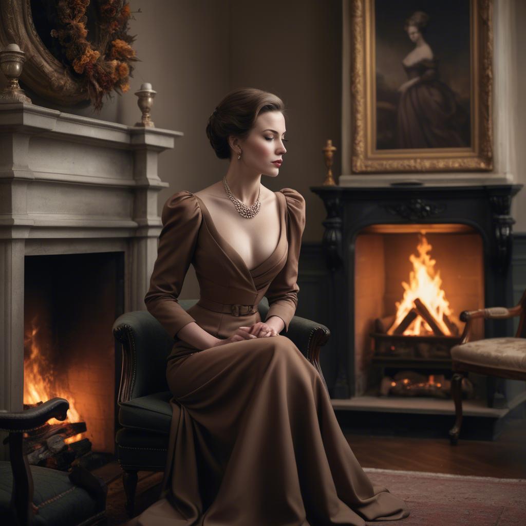 A stunning image of elegant woman in a tailored dress by a roaring fire.