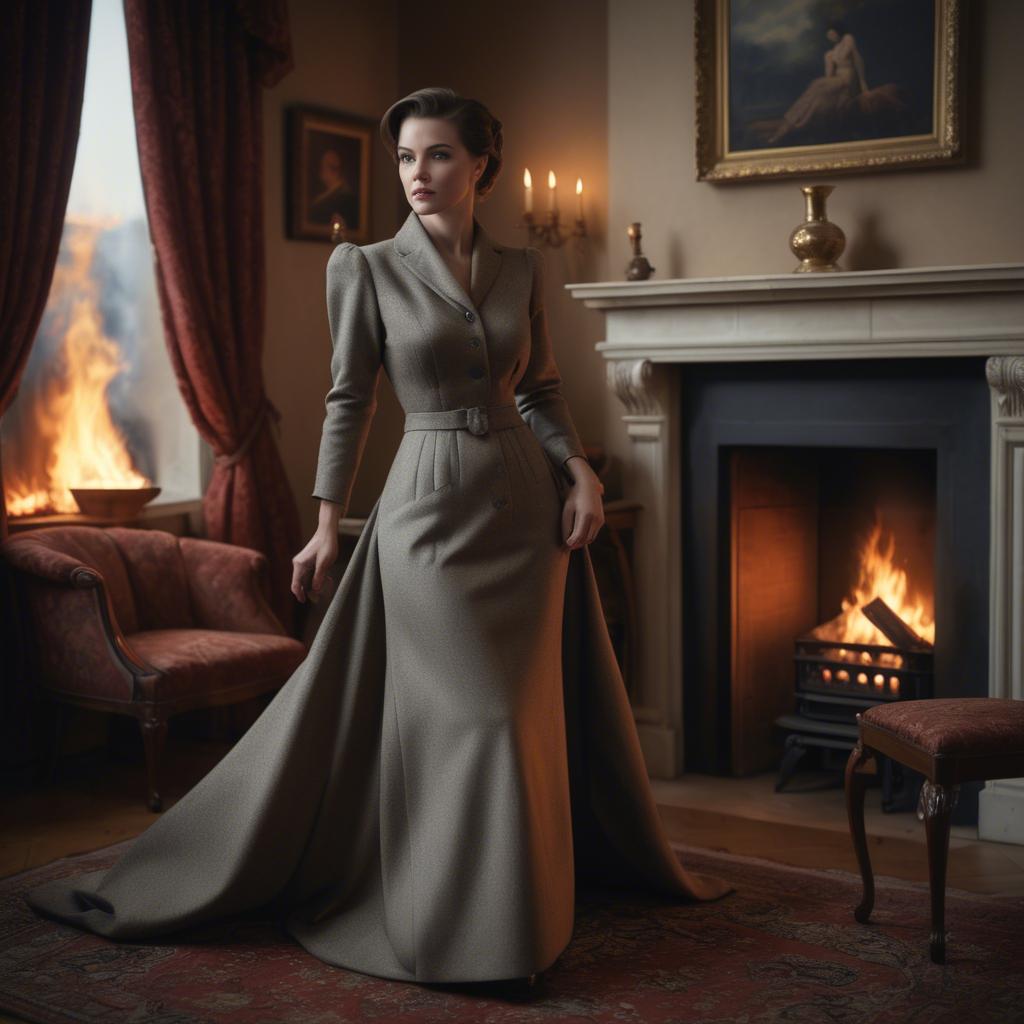 A stunning image of elegant woman in a tailored dress by a roaring fire.