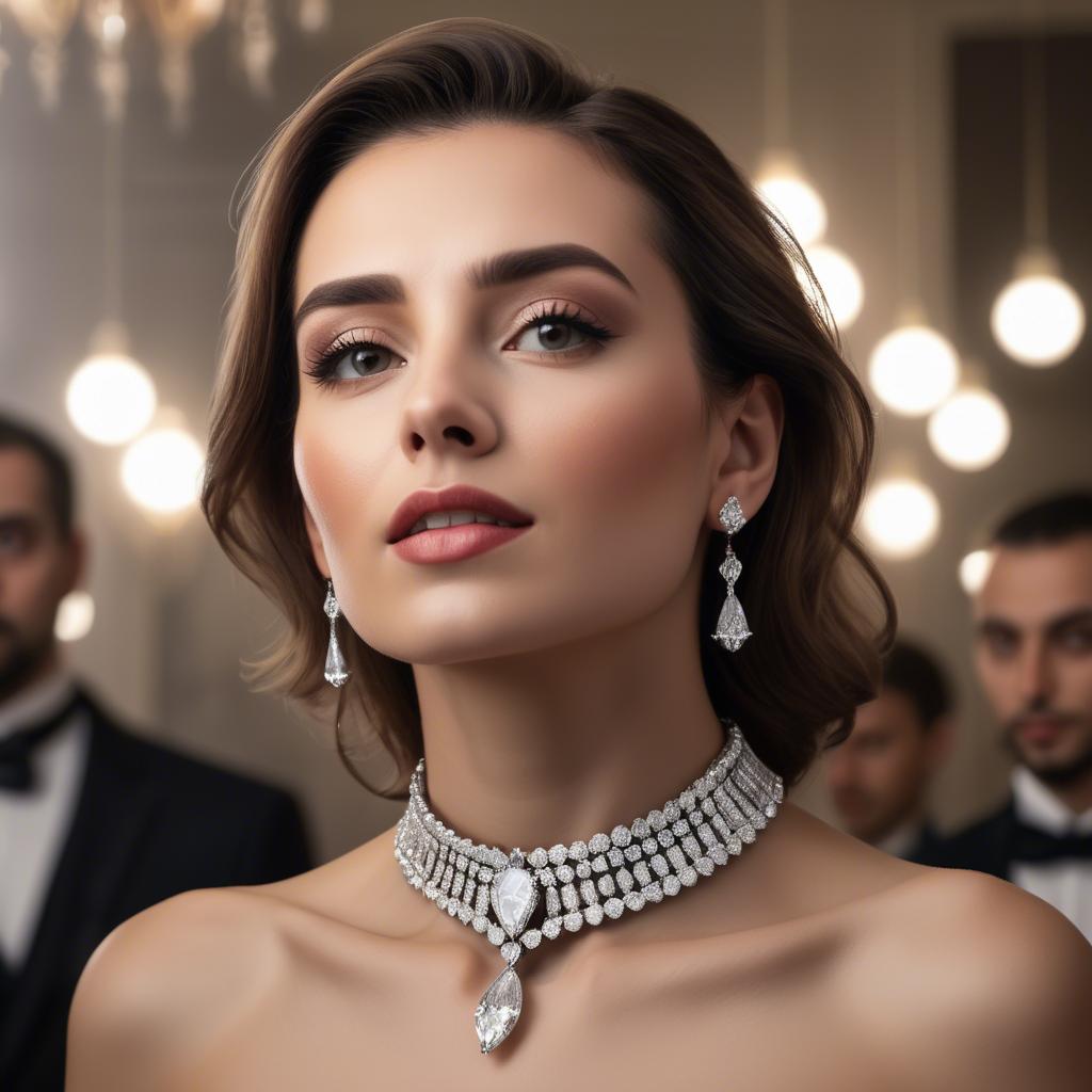 A stunning image of elegant woman with a diamond choker at a grand party.