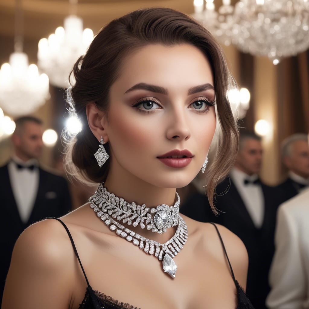 A stunning image of elegant woman with a diamond choker at a grand party.
