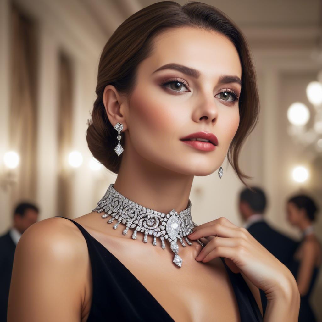 A stunning image of elegant woman with a diamond choker at a grand party.