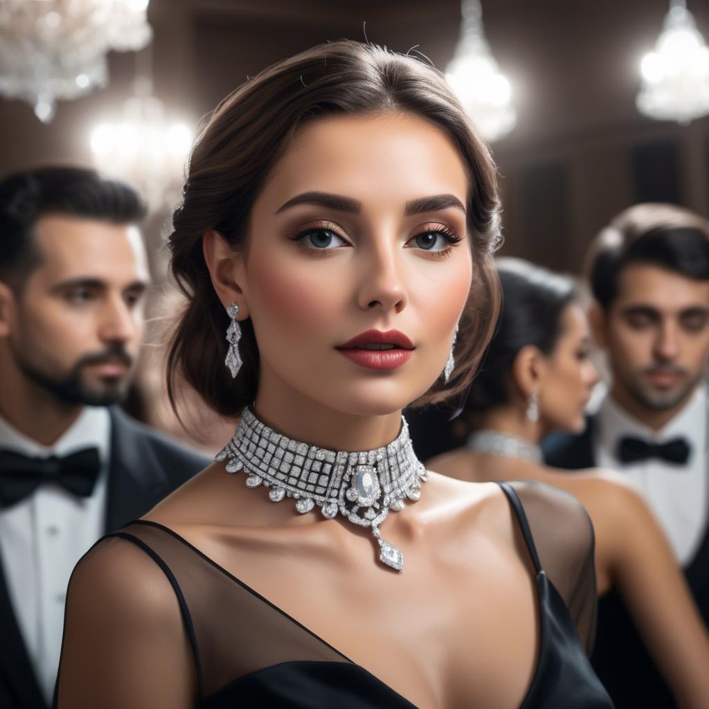 A stunning image of elegant woman with a diamond choker at a grand party.