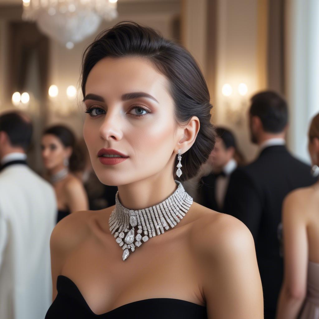 A stunning image of elegant woman with a diamond choker at a grand party.