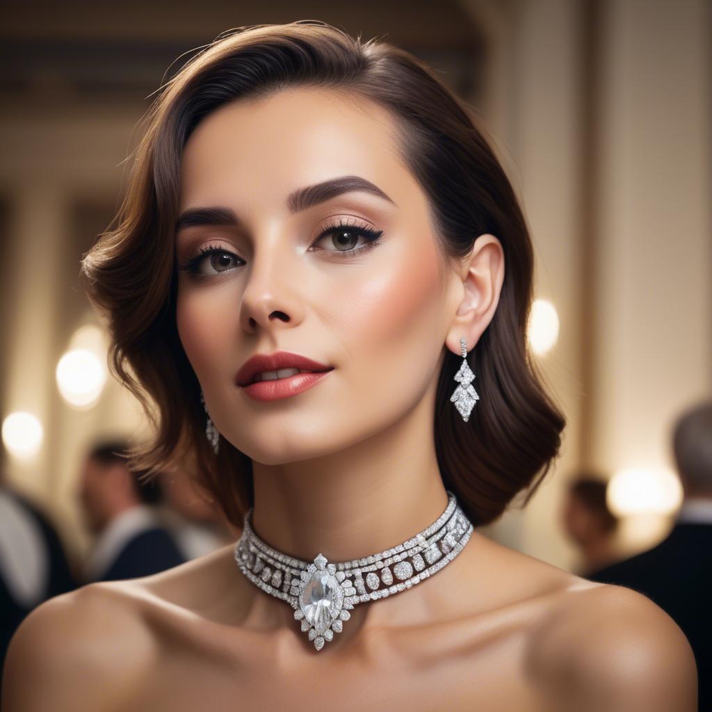 A stunning image of elegant woman with a diamond choker at a grand party.