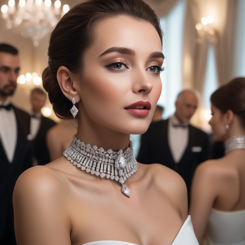 A stunning image of elegant woman with a diamond choker at a grand party.
