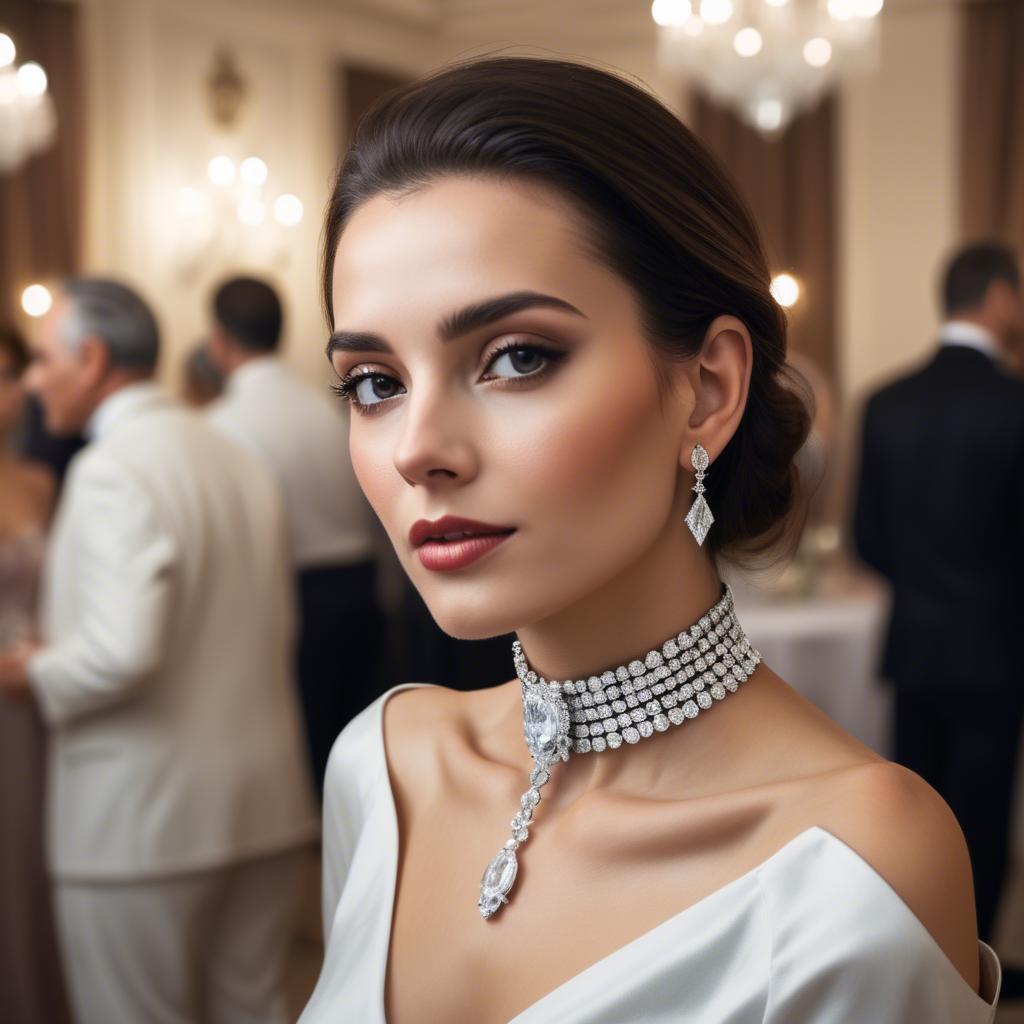 A stunning image of elegant woman with a diamond choker at a grand party.