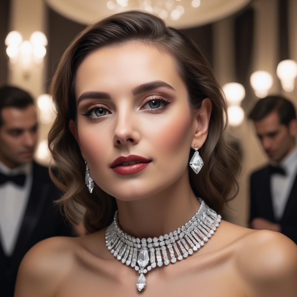 A stunning image of elegant woman with a diamond choker at a grand party.